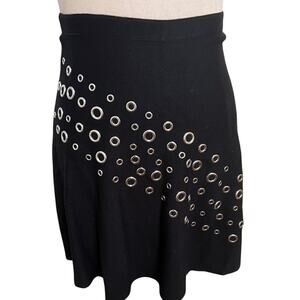 Sioni skirt black knit A-line flare diagonal metal circular grommet design Sz S